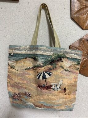 Beach Scene Tapestry Tote Bag in Beige and Blue